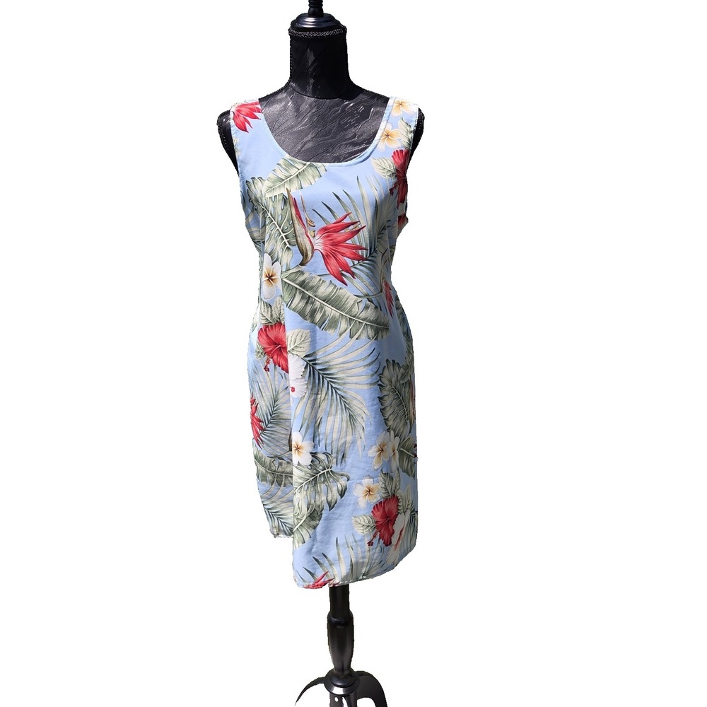 VTG Womens Looking Good Dress Med Blue Tie Back‎ Hibiscus Midi Sundress Beach